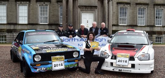 Mayor of Armagh City, Banbridge and Craigavon Borough Council, Councillor Garath Keating, front pictured at the launch of the Lurgan Park Rally with back row from left, lauren Kelly, Frank Kelly, Driver, Brian Stinson, Orchard Motorsport, sponsor; Willaim Fullerton, rally director,and Kenny McKinstry, driver.