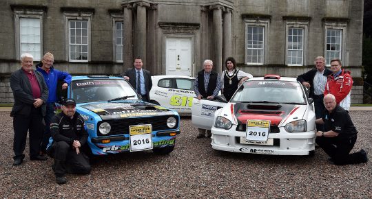 Pictured at the launch of the Lurgan Park Rally are from left, Brian Stinson, Orchard Motorsport, sponsors; Keith Somerville, event secretary,frank Kelly, driver, Councillor Glenn Barr, chairman of the Leisure Services Committee, William Fullerton, rally director, Mayor of Armagh City, Banbridge and Craigavon Borough Council, Councillor Garath Keating, James Blane, president of the North Armagh Motor Club, Simon Fullerton, Roadside Motors, associate sponsors, and Kenny McKinstry, driver.